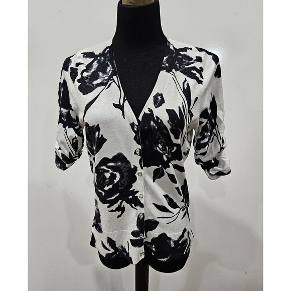 INC International Concepts White Black Floral Jewel Button Up Cardigan Medium - Picture 1 of 11